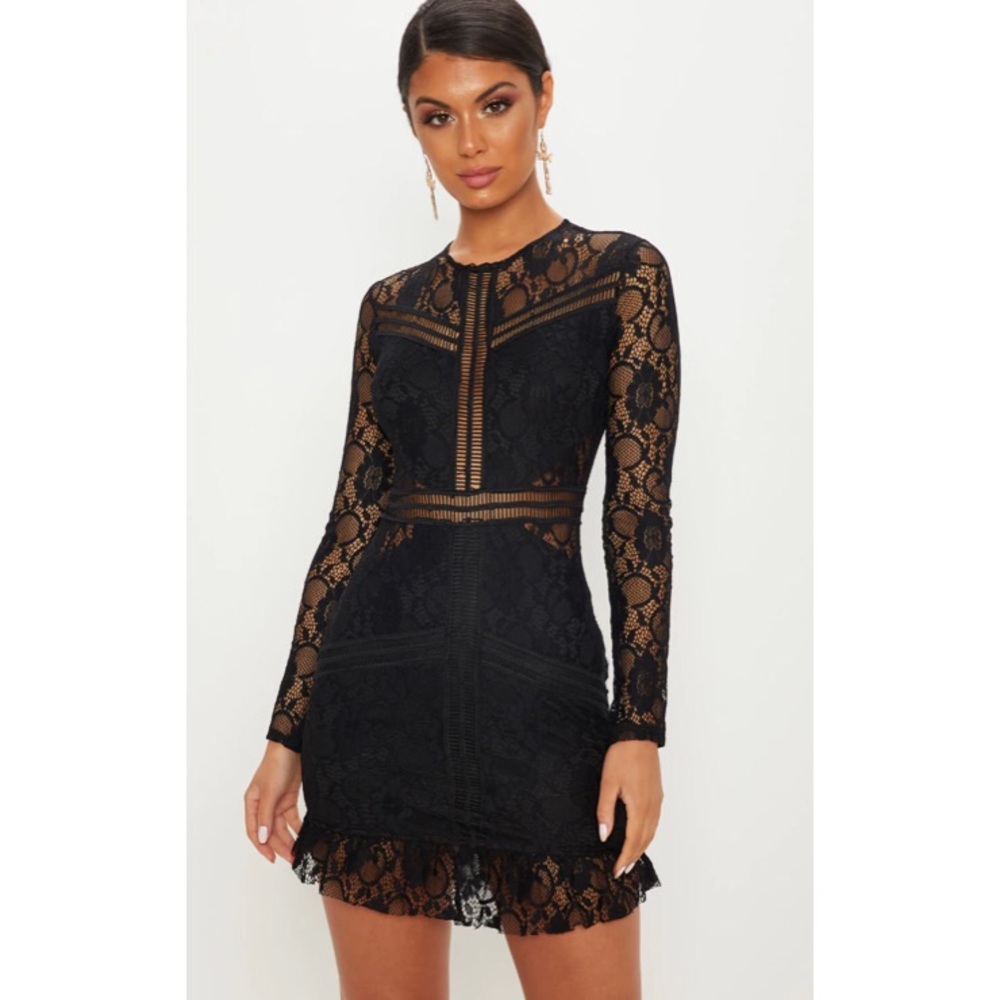 Black Lace Ladder Detail Frill Hem Bodycon Dress